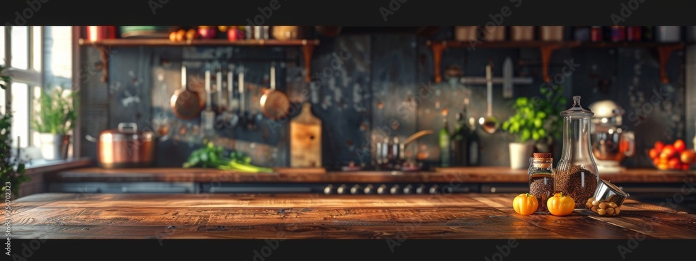 background images about a kitchen and a large table to show products and spectacular and realistic kitchen background - obrazy, fototapety, plakaty 