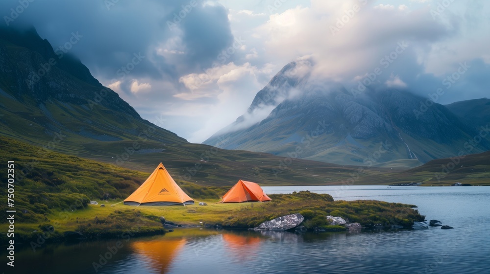Two Tents pitched up in the Highlands. Camping. Active Lifestyle Concept