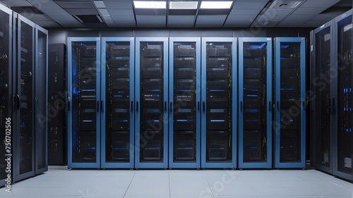 Server Racks in a State-of-the-Art Data Center's Serene Blue Room, Server Racks Nestled in a Modern Data Center's Blue Environment, Server Racks Shine in a Calm and Cool Data Center Setting, 