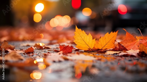 autumn leaves on the floor  red colours background. street  rain  warm bright autumn  park  yellow red leaves