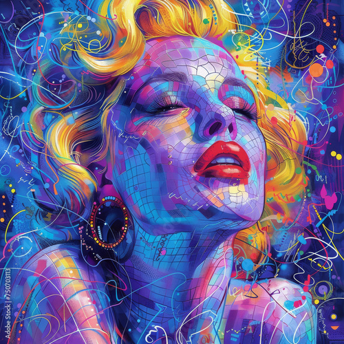 Iconic celebrities reimagined in comic strip motifs with bold colors and vibrant contrasts encapsulated in neon outlines