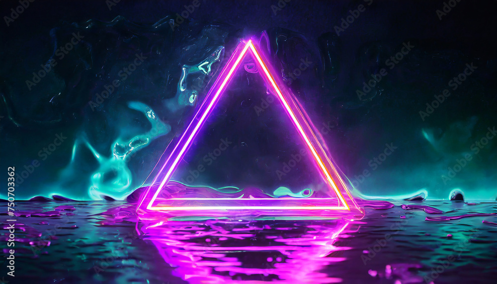 Glowing triangular ultraviolet neon frame on liquid surface. Holographic gradient geometric shape.