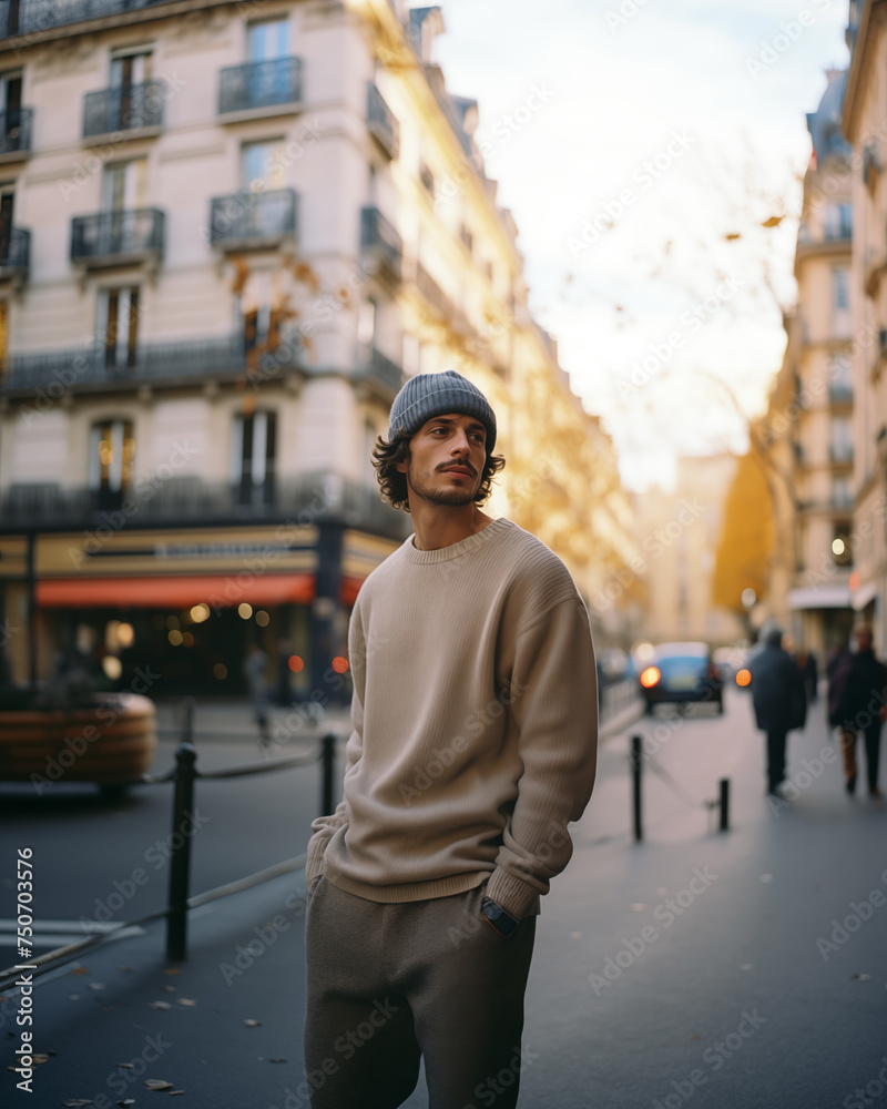 Young handsome bearded man with coat posing in the city streets young teenager walking down the street modern time Young handsome bearded man with coat posing in the city streets young teenager walking down the street modern time