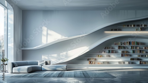 Modern interior with an innovative white bookshelf zigzagging across a muted wall photo