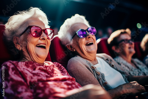Generative AI image of cheerful elderly couple enjoying comedy watching an interesting movie © deagreez
