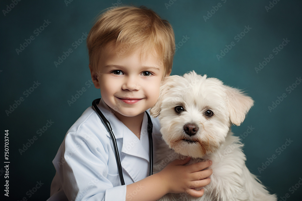 Generative AI portrait of an adorable beautiful child with domestic animal