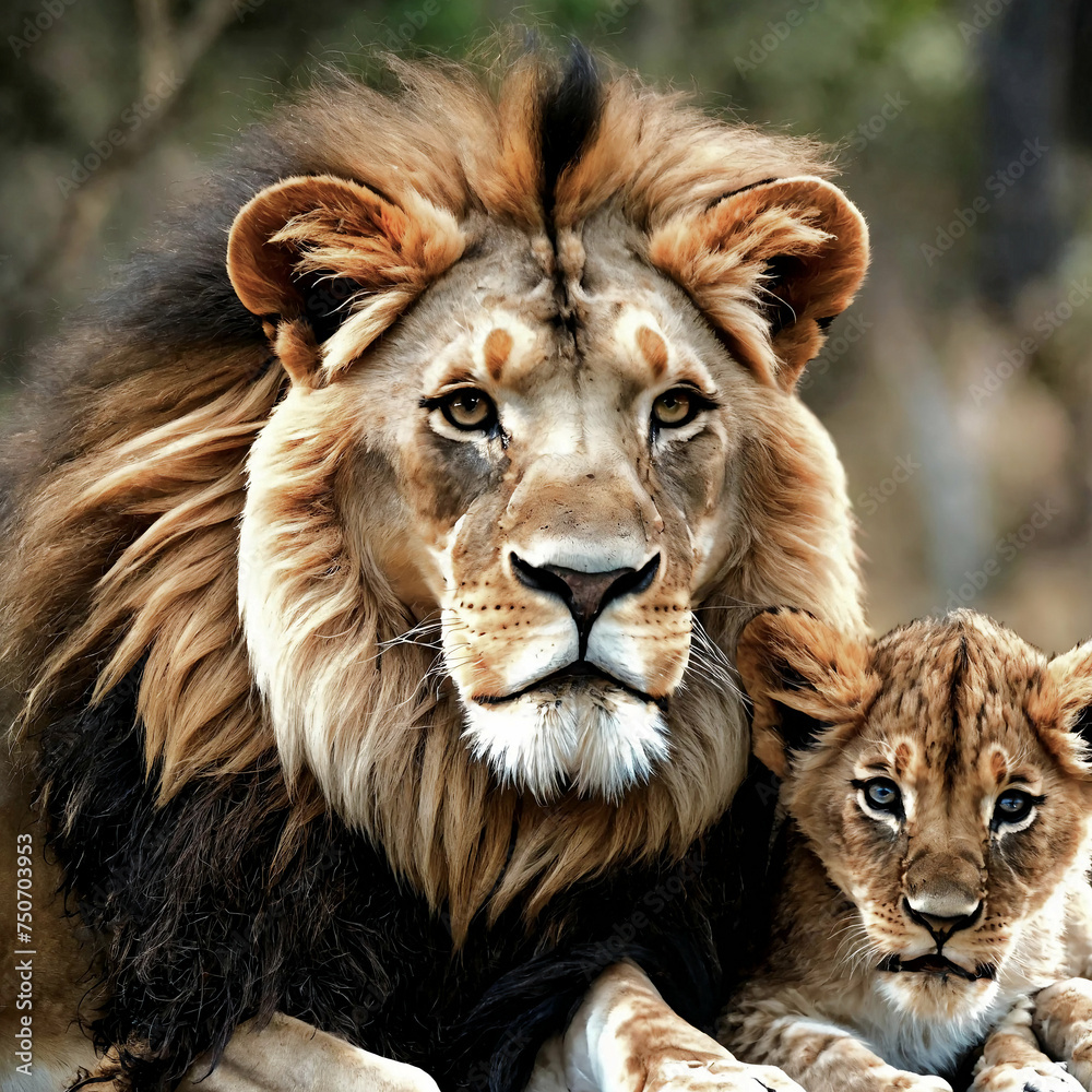 Ein Löwe und ein Löwenbaby