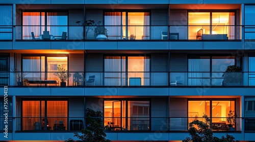Residential building facade in the evening light, showcasing a mix of warm and cool living spaces
