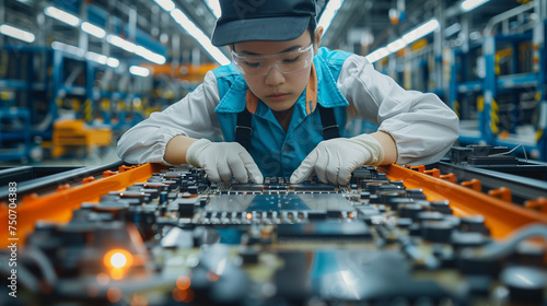 Young Asian worker with protective glasses working on an assembly line in a factory. Cheap labor and manufacturing in China