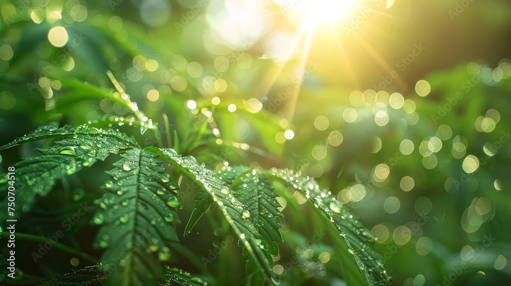 Serene morning dew on hemp foliage with sunrays piercing through - obrazy, fototapety, plakaty 