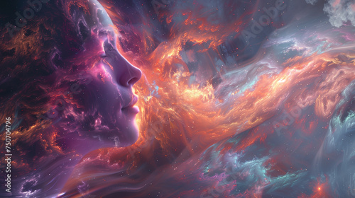 Creative fantasy portrait of feminine energy in cosmic with vibrant colors. AI generated