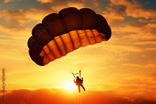 Excited positive happy parachutist in free fall over blue sky. ai generative picture collage