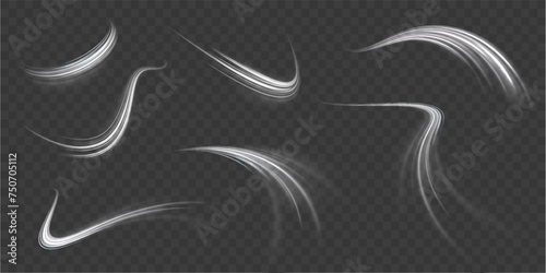 White glowing shiny lines effect vector background. Luminous white lines of speed. Light glowing effect. Light trail wave, fire path trace line and incandescence curve twirl. photo