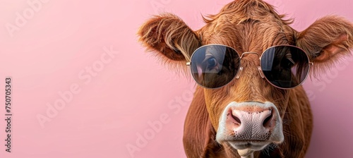Cheerful cow in sunglasses against a pastel studio backdrop, radiating humor and charm.