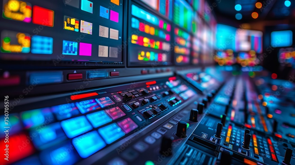 Behind the scenes view of a broadcast control room, filled with multicolored calibration screens