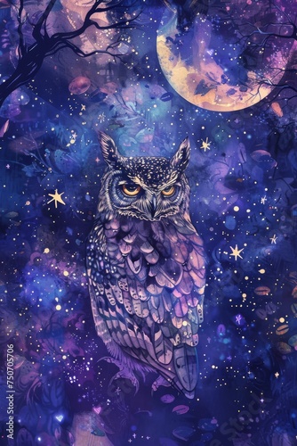 Whimsical Background with Owl in Night Theme and Stars for Scrapbooking and Journaling mixed Media Art Wallpaper created with Generative AI Technology © Sentoprotak