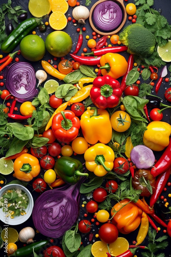 Assorted fresh vegetables and herbs spread on dark background for healthy cooking concept  top view.