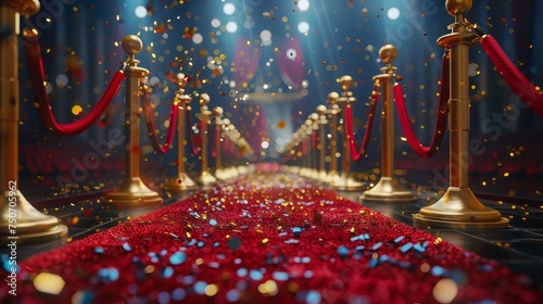 Glamorous red carpet event with golden stanchions and a shower of confetti photo