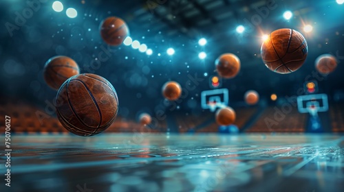 High-energy sports scene with basketballs in motion, captured in a shadowy, spotlit gym