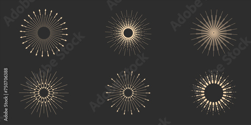 Set of sunbeams, light rays, and solar rays. Design elements, linear drawing, vintage hipster style. Set light rays, sunbeams of different sizes and intensities against a light background.