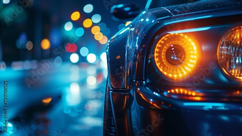 Close-up of car's eyes, beams aglow, ready to prowl the night streets