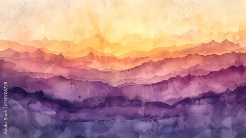 Watercolor Sunset Mountains with Purple and Yellow Hues