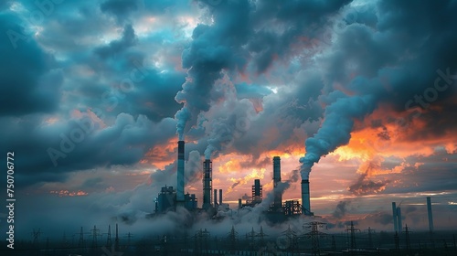Majestic industrial skyline with towering smokestacks against a dramatic clouded sky