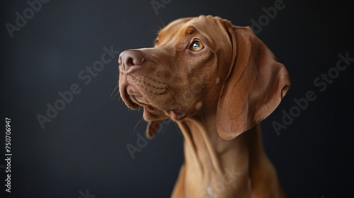 A Vizsla with its slim body positioned in a graceful pose.