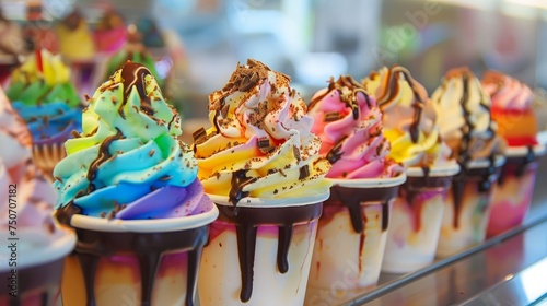 Vibrant soft serve ice cream cups melting with chocolate drizzle and sprinkles in a dessert display.