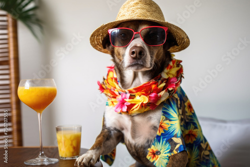 Dog with holiday vacation vibes and cocktail, dressed in straw hat, sunglasses © dvoevnore