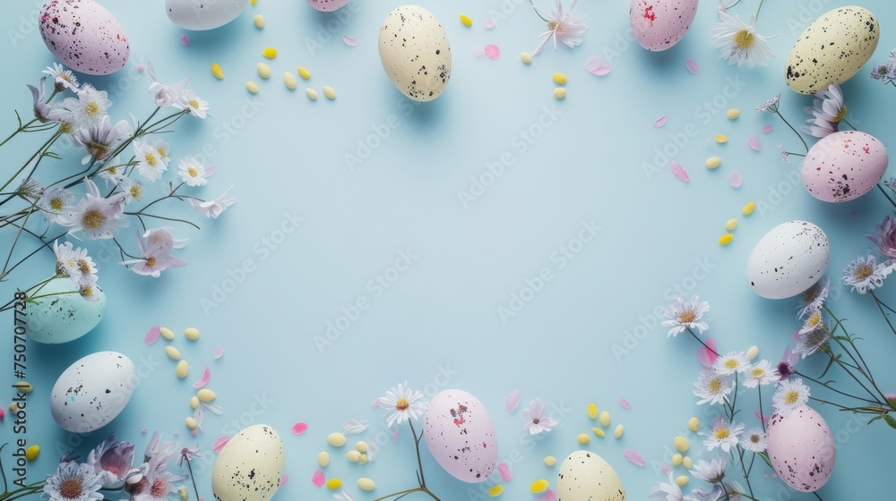 Whimsical Easter Greeting Card: Bunny, Eggs, and copy Text Space