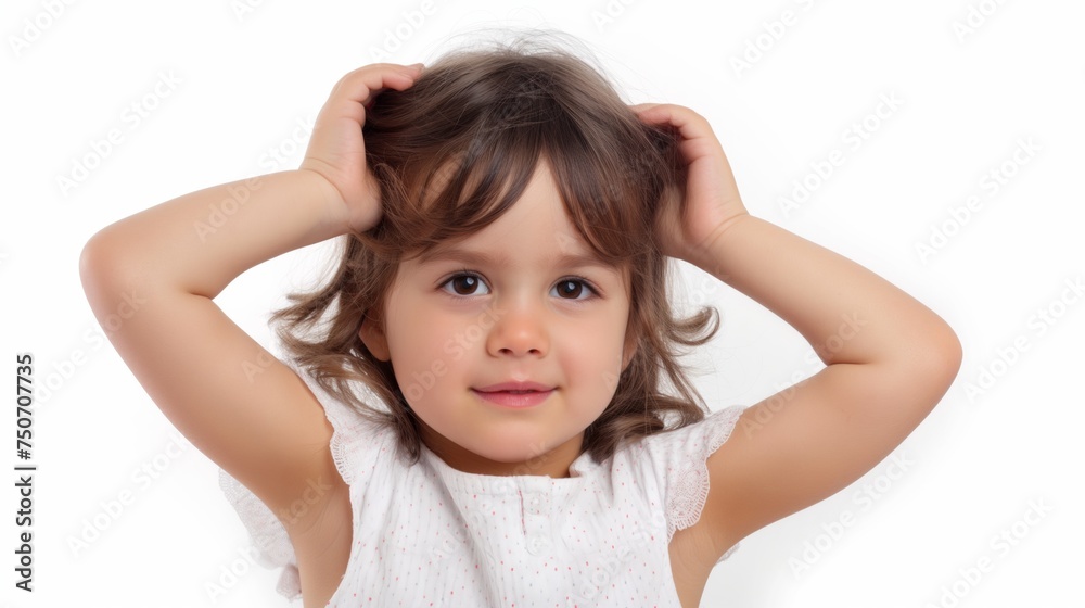 Portrait of little girl holding hands on head against white background. Portrait of little girl holding hands on head against white background.