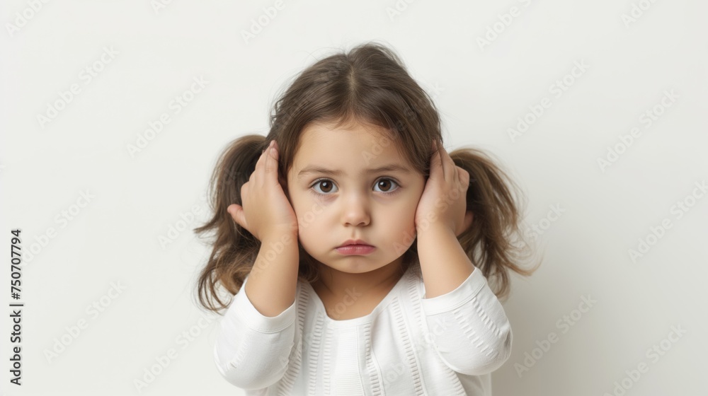 The little girl covered her ears with her hands against white background. The little girl covered her ears with her hands against white background.