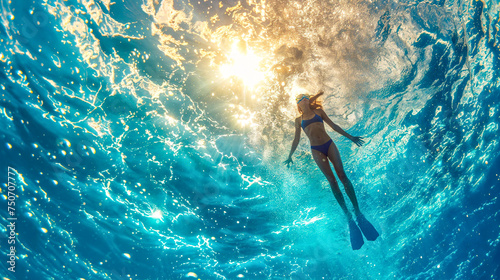Woman Free Diving in Sunlit Ocean, sun rays piercing the sea water © Svetlana Kolpakova