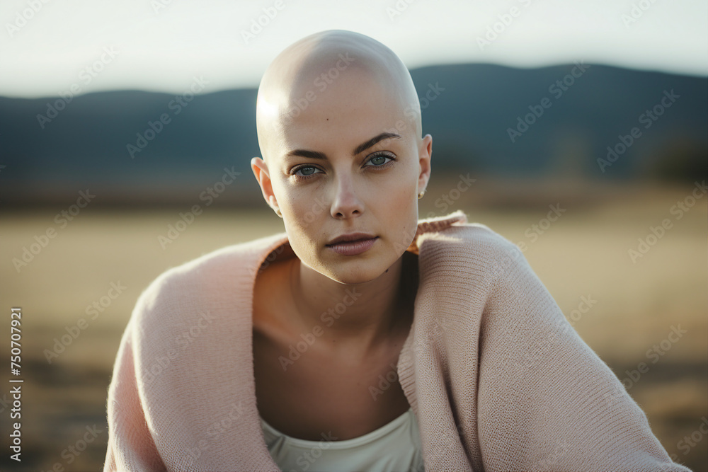 Generative AI portrait of a smiling lovely girl cancer patient enjoying summer time outside Generative AI portrait of a smiling lovely girl cancer patient enjoying summer time outside