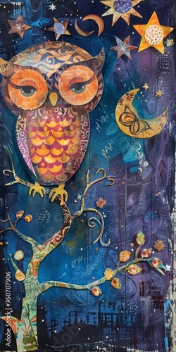 Whimsical Background with Owl in Night Theme and Stars for Scrapbooking and Journaling mixed Media Art Wallpaper created with Generative AI Technology