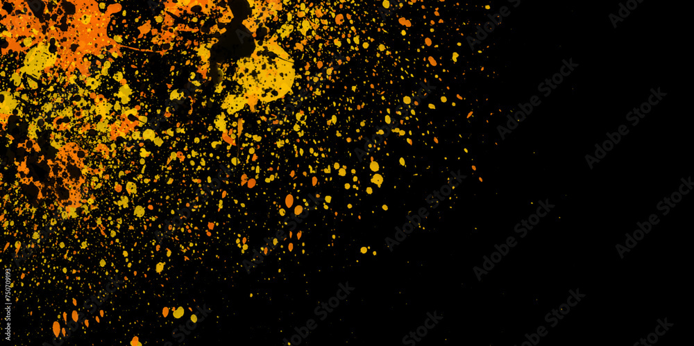 Golden scattered dust. Stylish fashion black backdrop. Blots vector seamless pattern. Yellow  and orange spots of paint on a black background. colorful Glitter Confetti on Black Background Banner.