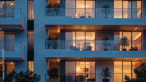 Residential building facade in the evening light, showcasing a mix of warm and cool living spaces