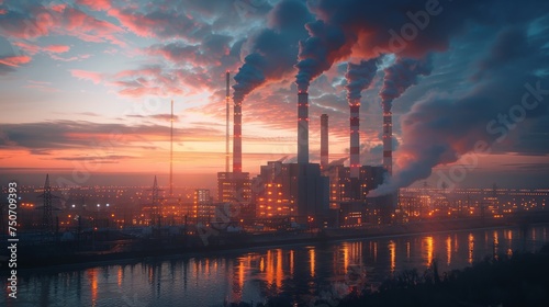 Futuristic power plant with towering chimneys and a glowing infrastructure at dusk