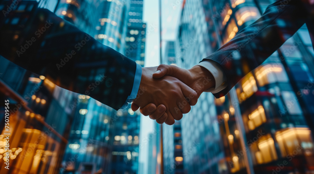 Corporate handshake, detailed view of two business professionals in a moment of agreement, skyscraper office background, symbolizing successful negotiation - obrazy, fototapety, plakaty 