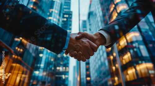Corporate handshake, detailed view of two business professionals in a moment of agreement, skyscraper office background, symbolizing successful negotiation