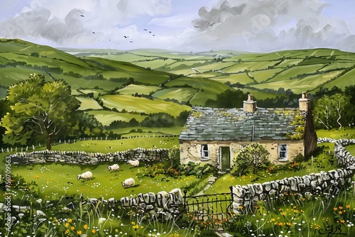 Countryside in the hills lush green fields and ancient stone cottages with sheeps in the field