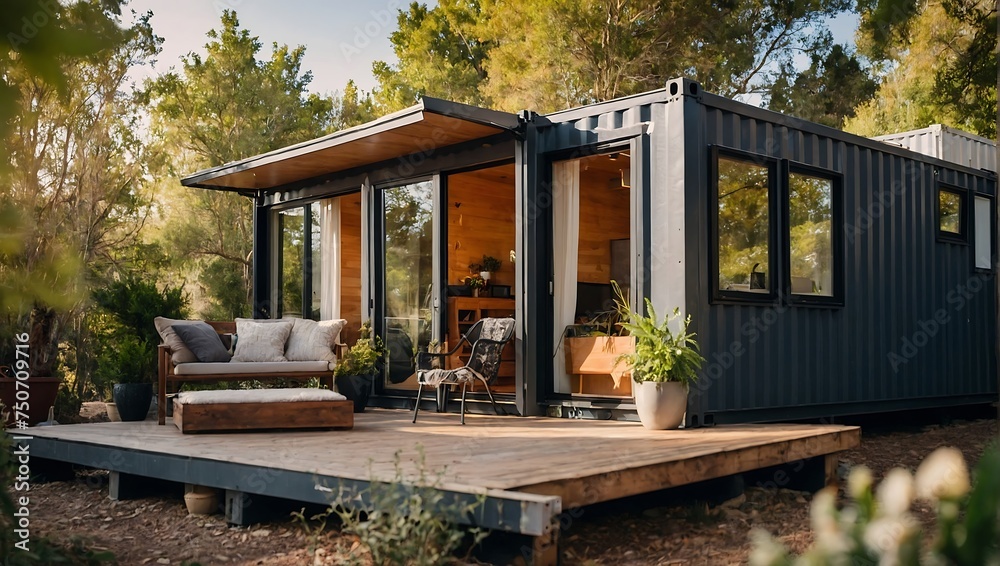 Modern tiny house made from an old shipping container. Sunny day, beautifully decorated home environment. Shipping container homes are sustainable and environmentally friendly residential accommodatio Modern tiny house made from an old shipping container. Sunny day, beautifully decorated home environment. Shipping container homes are sustainable and environmentally friendly residential accommodatio