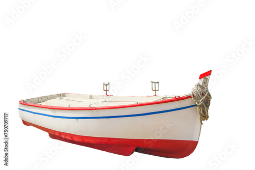Fotografija small white fishing boat with red and blue stripes isolated