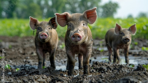 group of dirty little pigglets standing on muddy ground