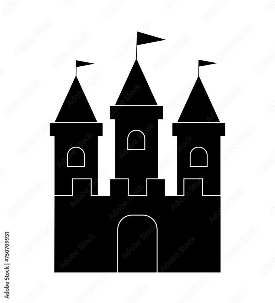 Black silhouette fairytale castle vector illustration isolated. Scalable design element.