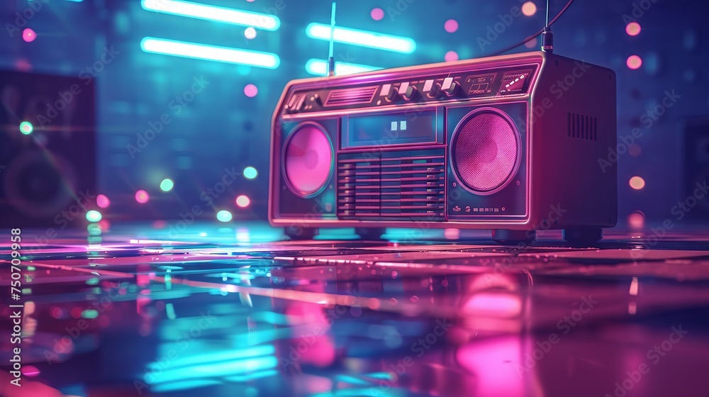 Vibrant retro party scene with a neon pink boombox on a dazzling dance floor