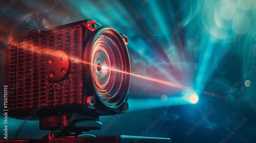 Fototapeta premium Beam of projector casts galaxy's glow, cinematic