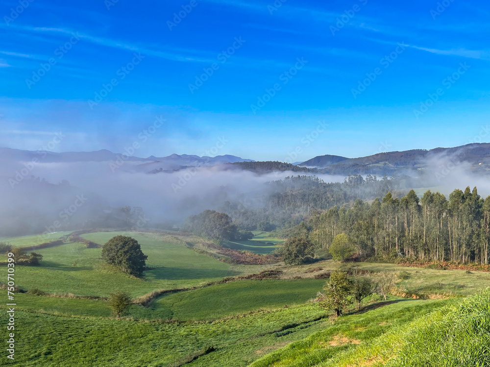 Natural landscape in a sunny sunrise with fog in a natural park surrounded by forests and green meadows in northern Spain.