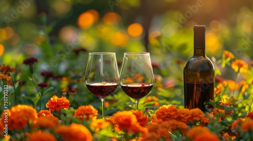 tranquil scene of wine tasting in a vibrant floral setting